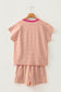 Pink Stripe Colorblock Trim V Neck Tee Drawstring Elastic Waist Short Set
