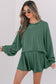 Mist Green Corded Lantern Sleeve Top High Waist Ruffled Mini Skirt Set