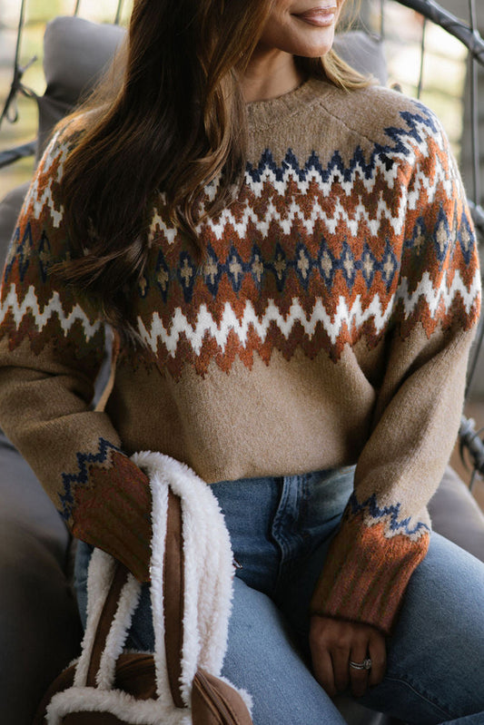 Khaki Aztec Print Colorblock Crew Neck Sweater