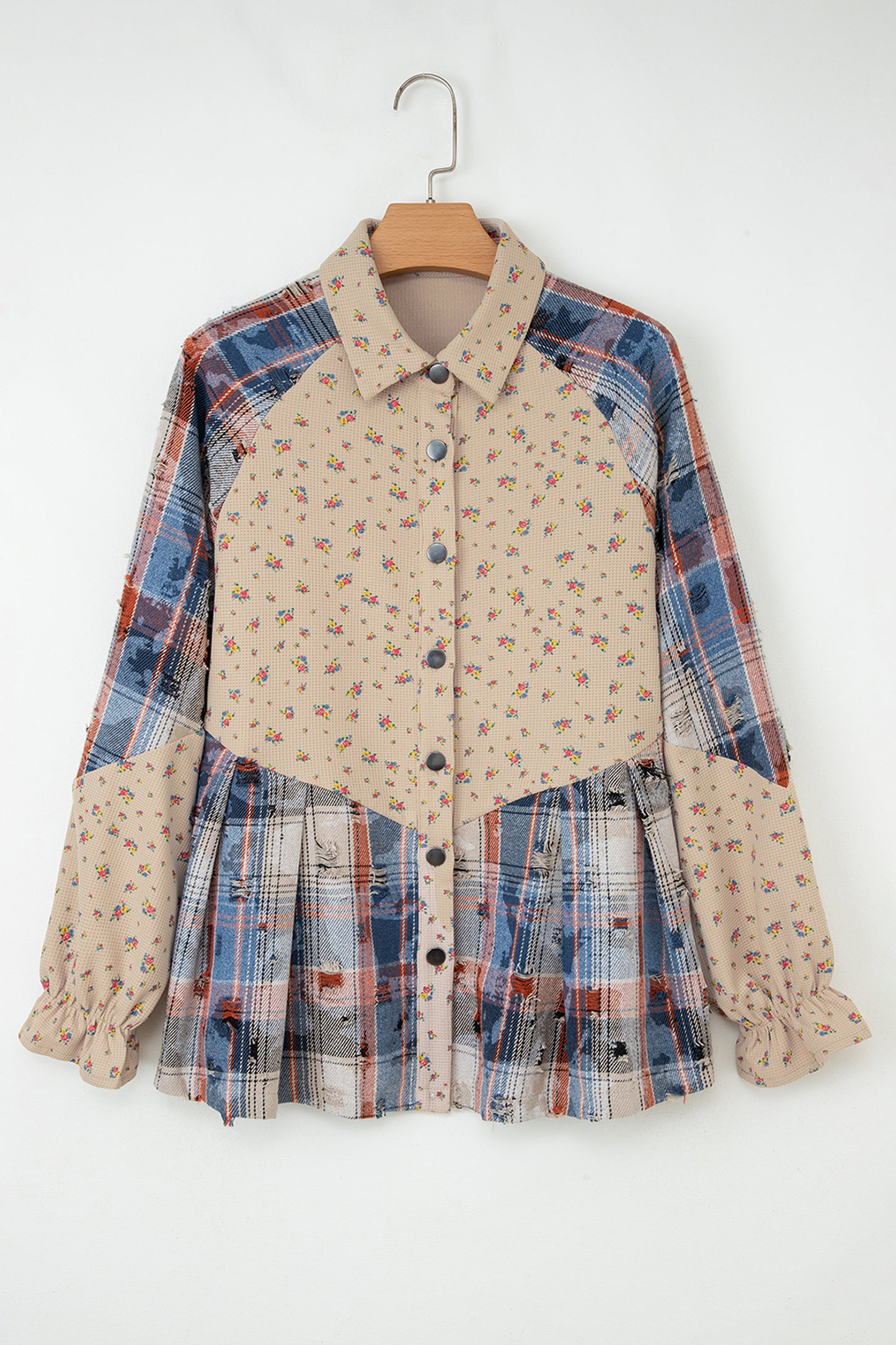 Oatmeal Boho Floral Plaid Patchwork Distressed Detail Ruffled Sleeve Waffle Knit Shacket