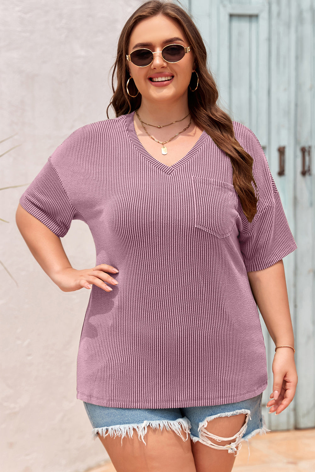 Light Grey Textured V-Neck Dropped Shoulder Plus T-Shirt