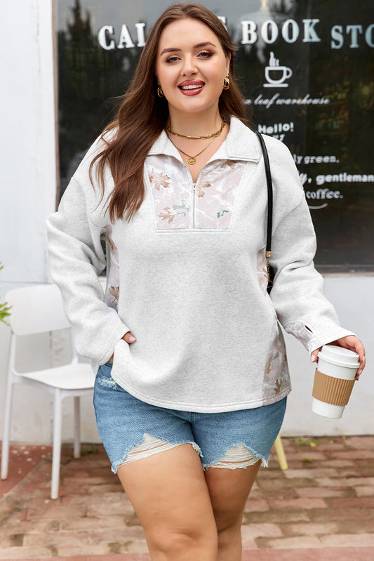 Gray Camo Leaves Patchwork Zipped Collar Pullover Plus Size Sweatshirt