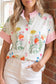 Beige Floral Striped Patchwork Ruffled Collar Short Sleeve Shirt