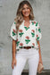 Beige Floral Print Shirred Split Neck Short Sleeve Blouse