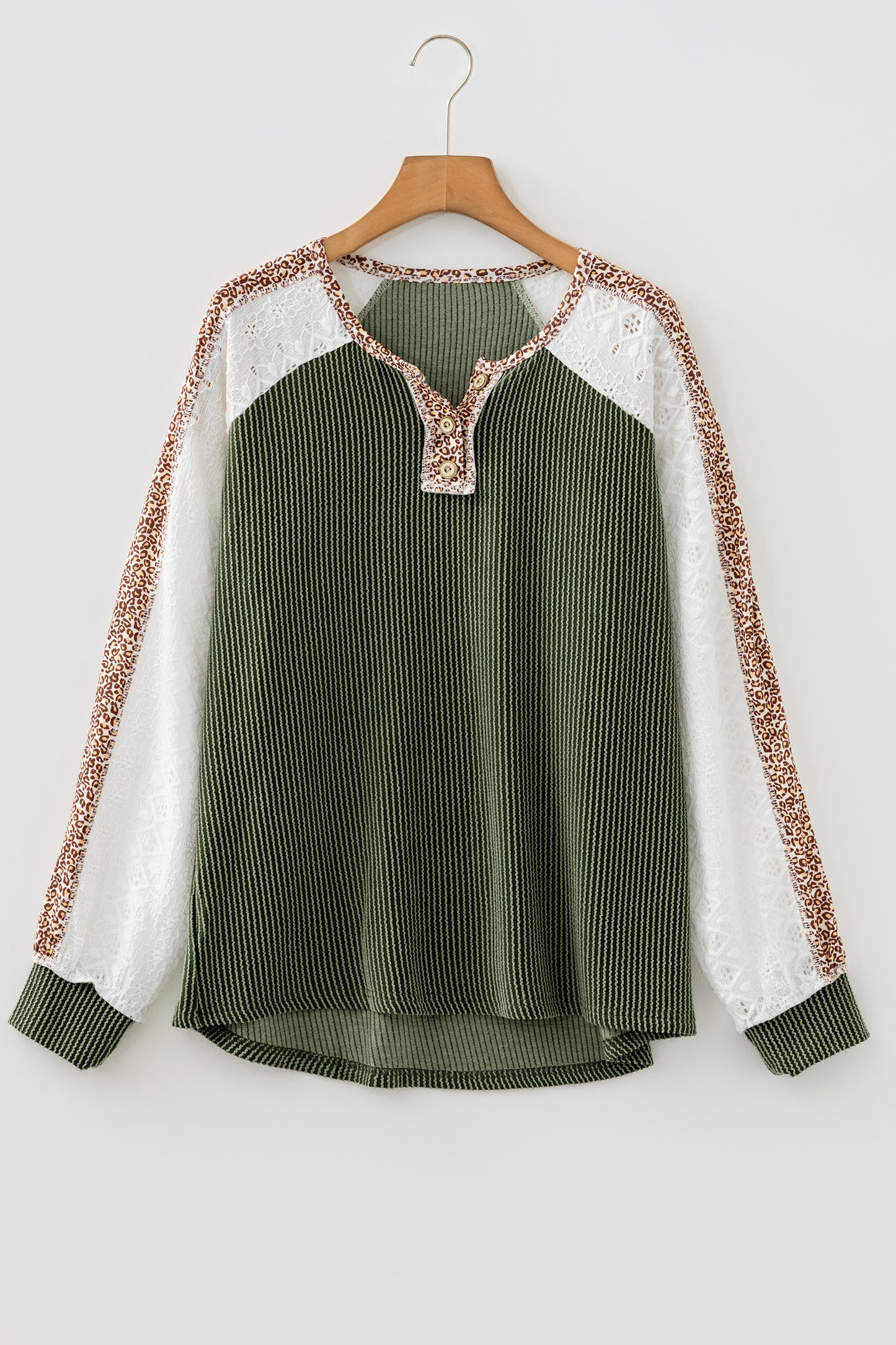 Dark Khaki Twisted Ribbed Leopard Lace Contrast Patchwork Long Sleeve Top