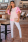 Pink Stripe Ruffled Short Sleeve Patchwork Blouse