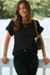 Black Solid Color Ribbed Ruffled Short Sleeve T Shirt