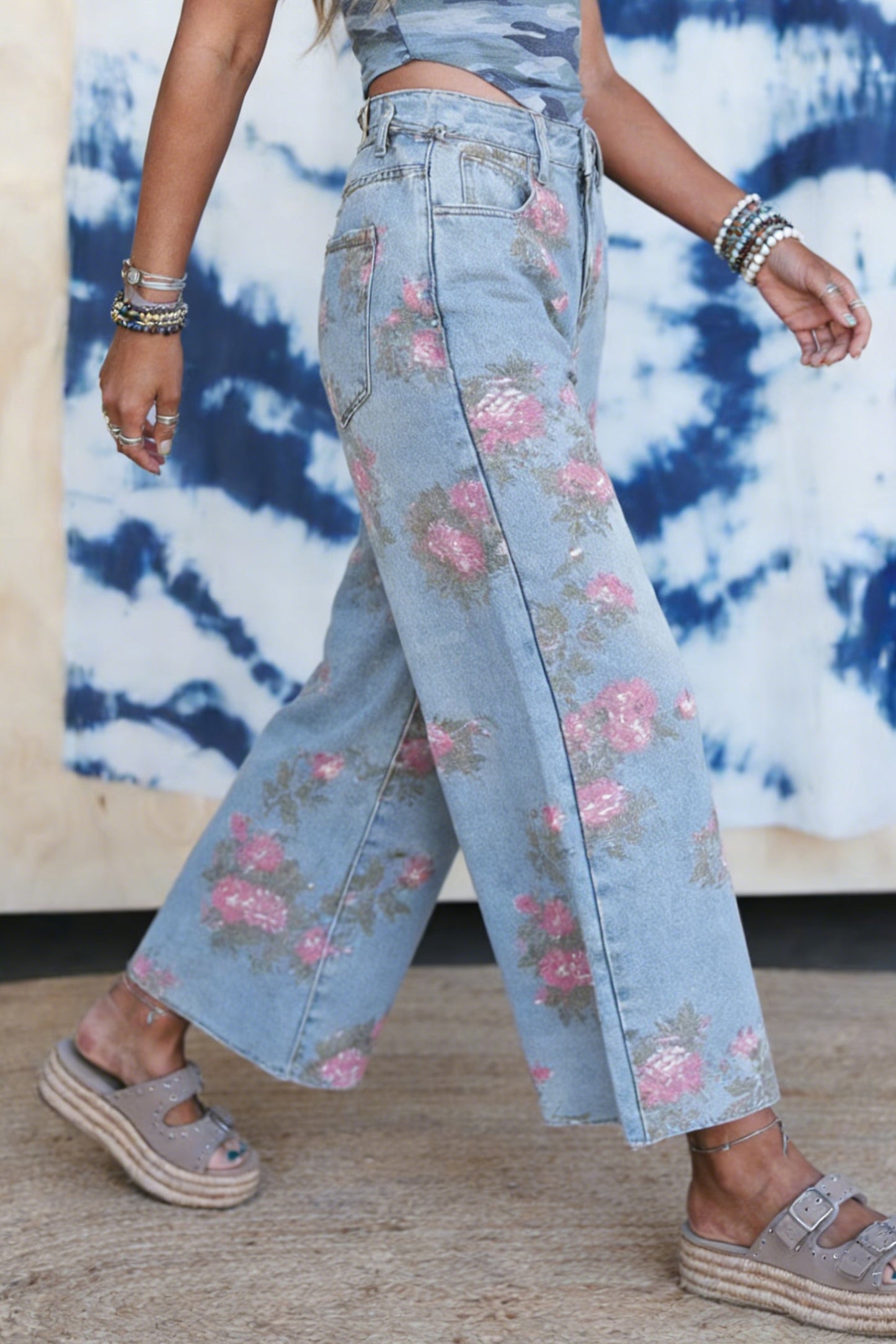 Sky Blue Garden Floral Print Bootcut Jeans