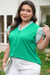 Dark Green Plus Size Button Front Ruffled Stripe Trim V Neck Flutter Sleeve Blouse