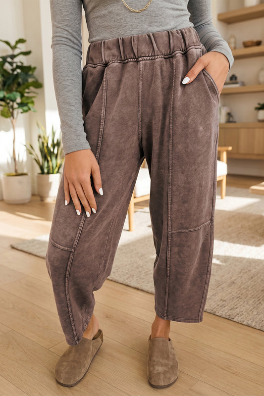 Coffee Mineral Wash Seam Detail Elastic Waist Barrel Pants