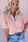 Light Pink Contrast Striped Collar Patchwork Textured Half Sleeve Blouse
