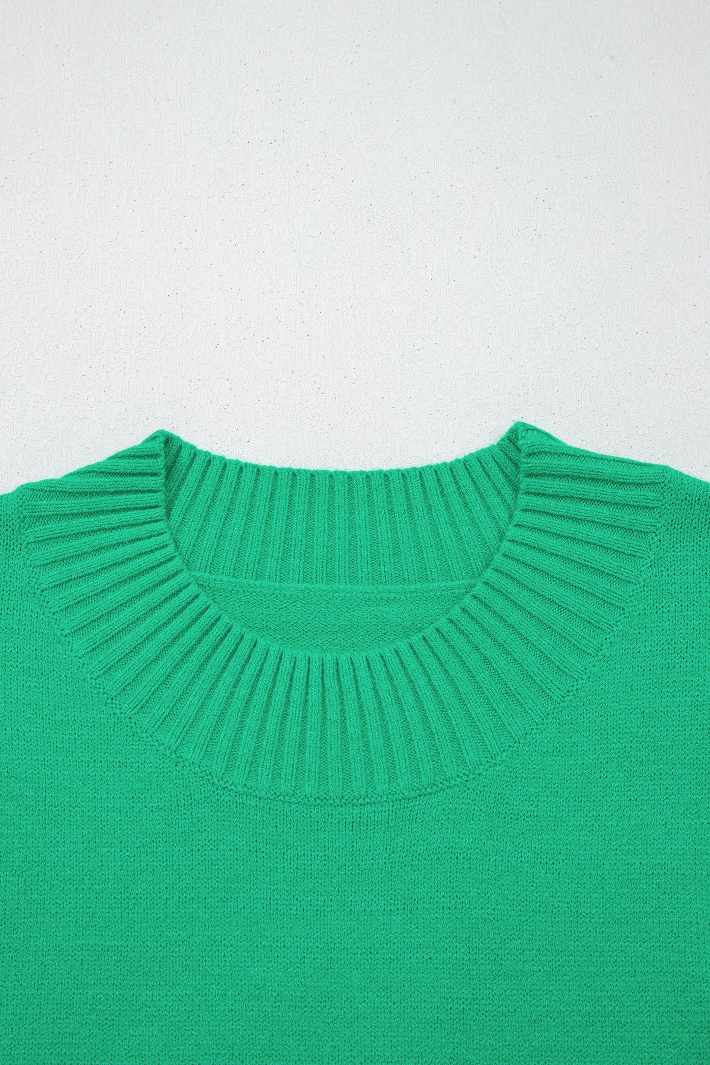 Beau Blue Solid Color Ribbed Trim Round Neck Ruffle Short Sleeve Sweater