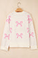 Pink Bow Print Ribbed Trim Exposed Seam Drop Shoulder Loose Sweater