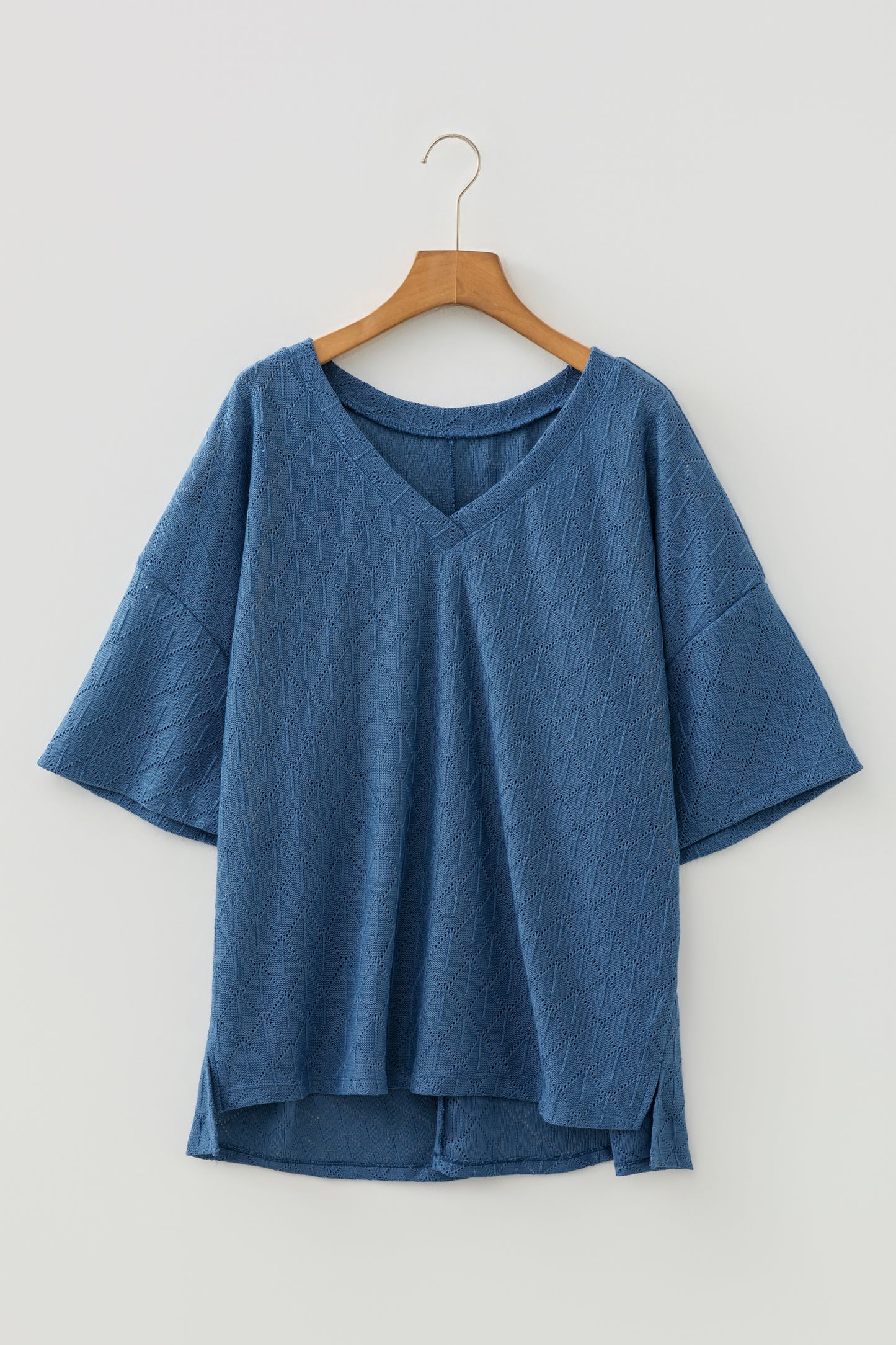 Golden Fleece Pointelle Rhombus Knit Plus Size V Neck Loose Top