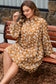 Khaki Plus Size Daisy Floral Print Button Split Neck Puff Sleeve Dress
