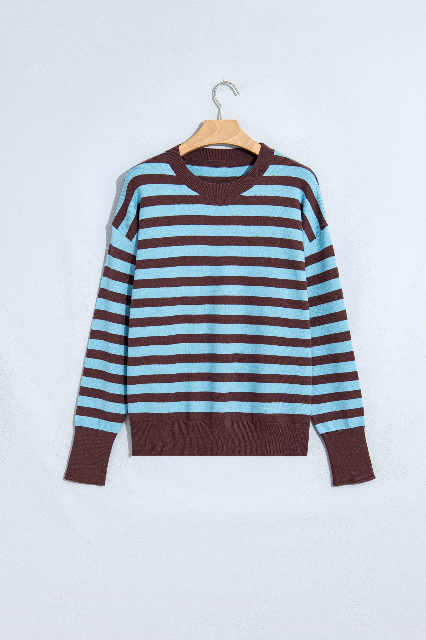 Brown Stripe Color Block Loose Crew Neck Cuffed Sweater