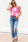 Pink Floral Textured Ruffled Short Sleeve Square Neck Blouse