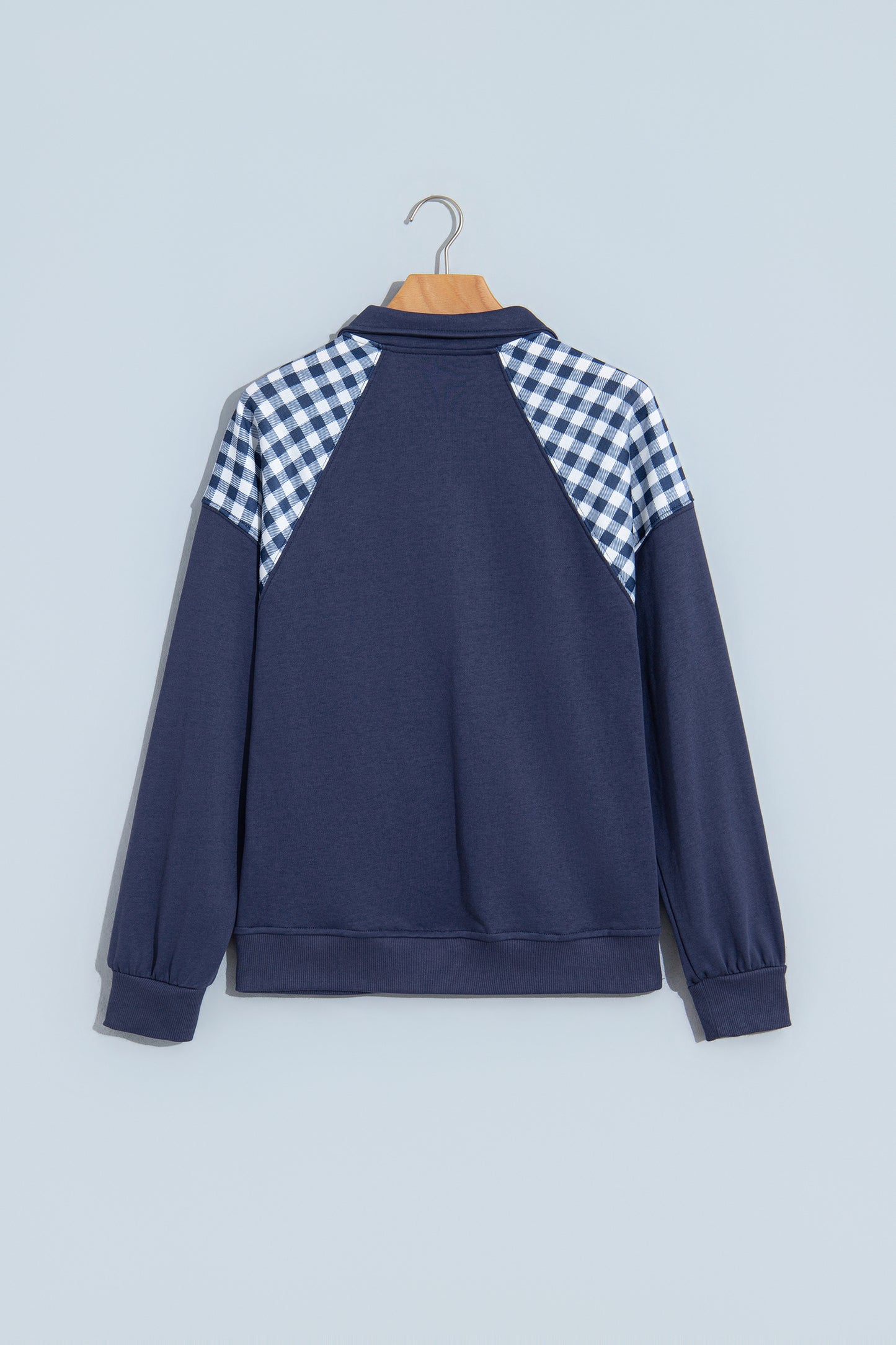 Navy Blue Patchwork Plaid Pocket Quarter Zip Sweatshirt