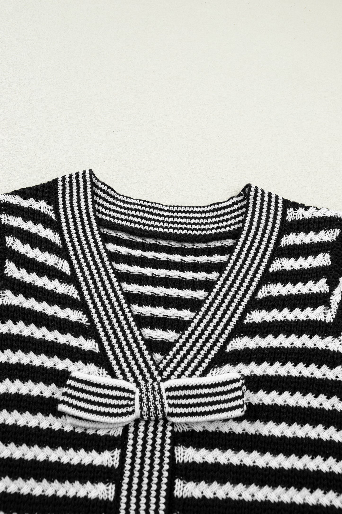 Sky Blue Stripe Short Sleeve Knit V Neck Bow Knot Sweater
