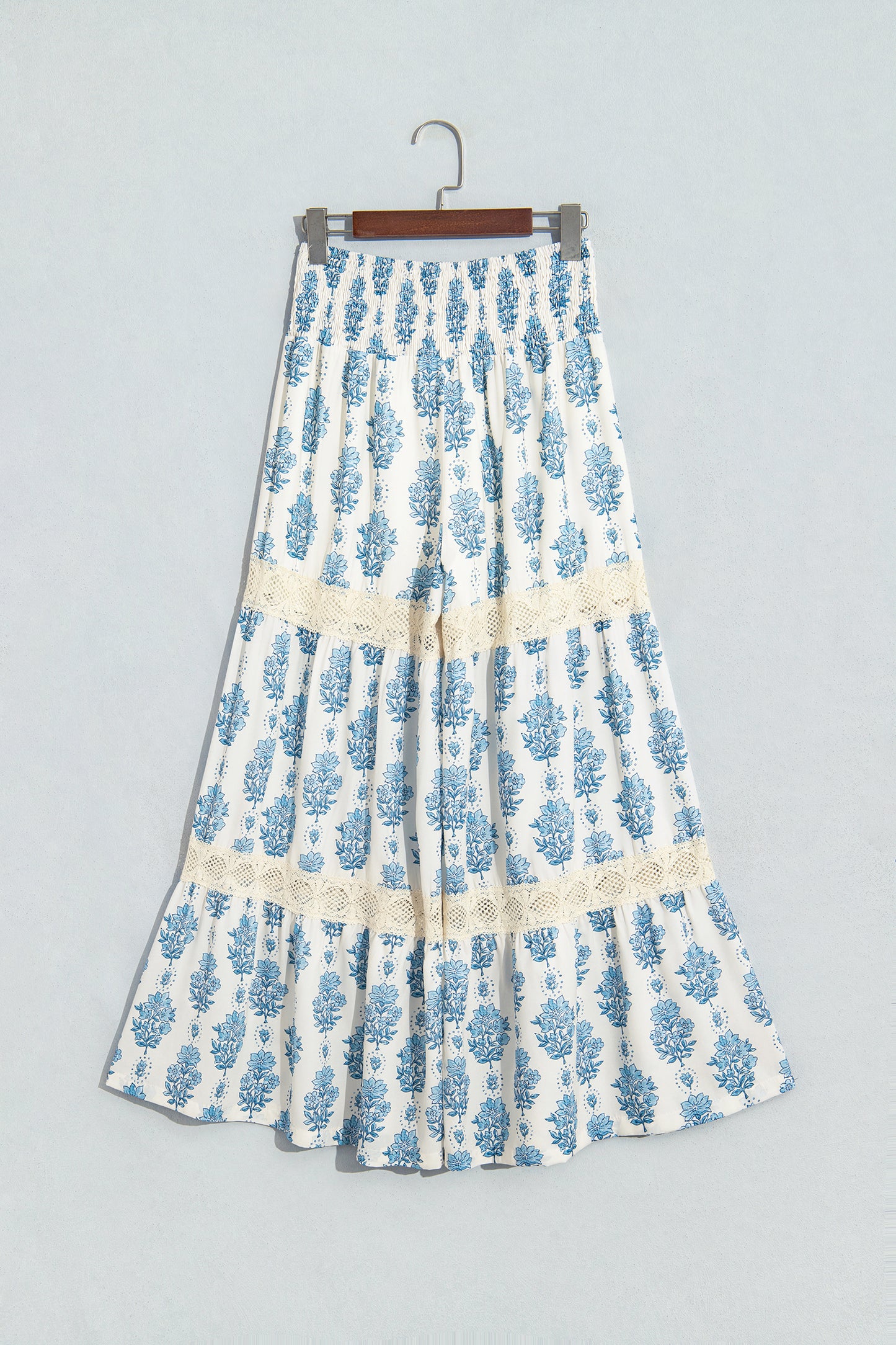 Sky Blue Floral Print Lace Patchwork Detail Wide Leg Pants