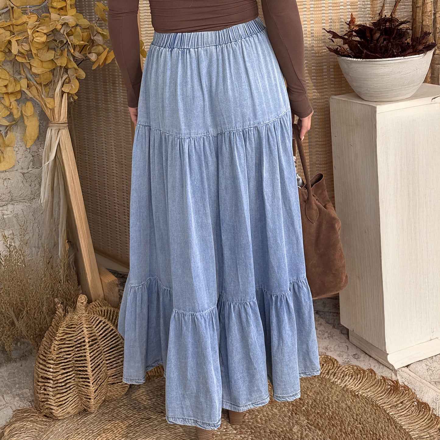 Black Elastic Waist Ruffled Tiered Flared Denim Maxi Skirt