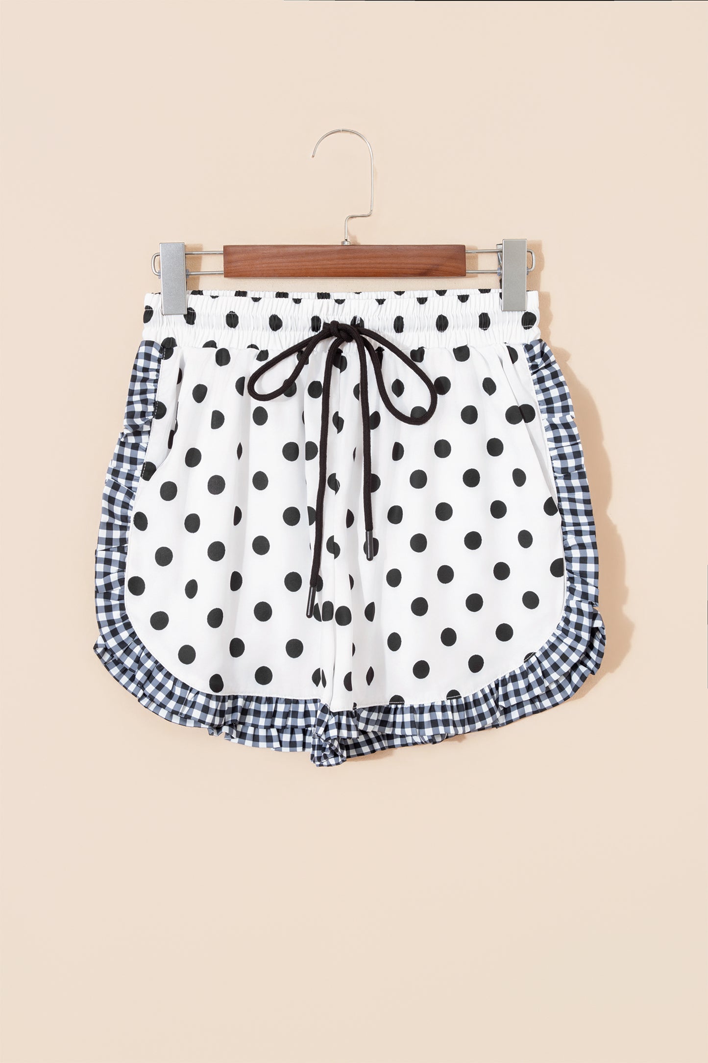 White Polka Dot Contrast Ruffle Trim Shorts