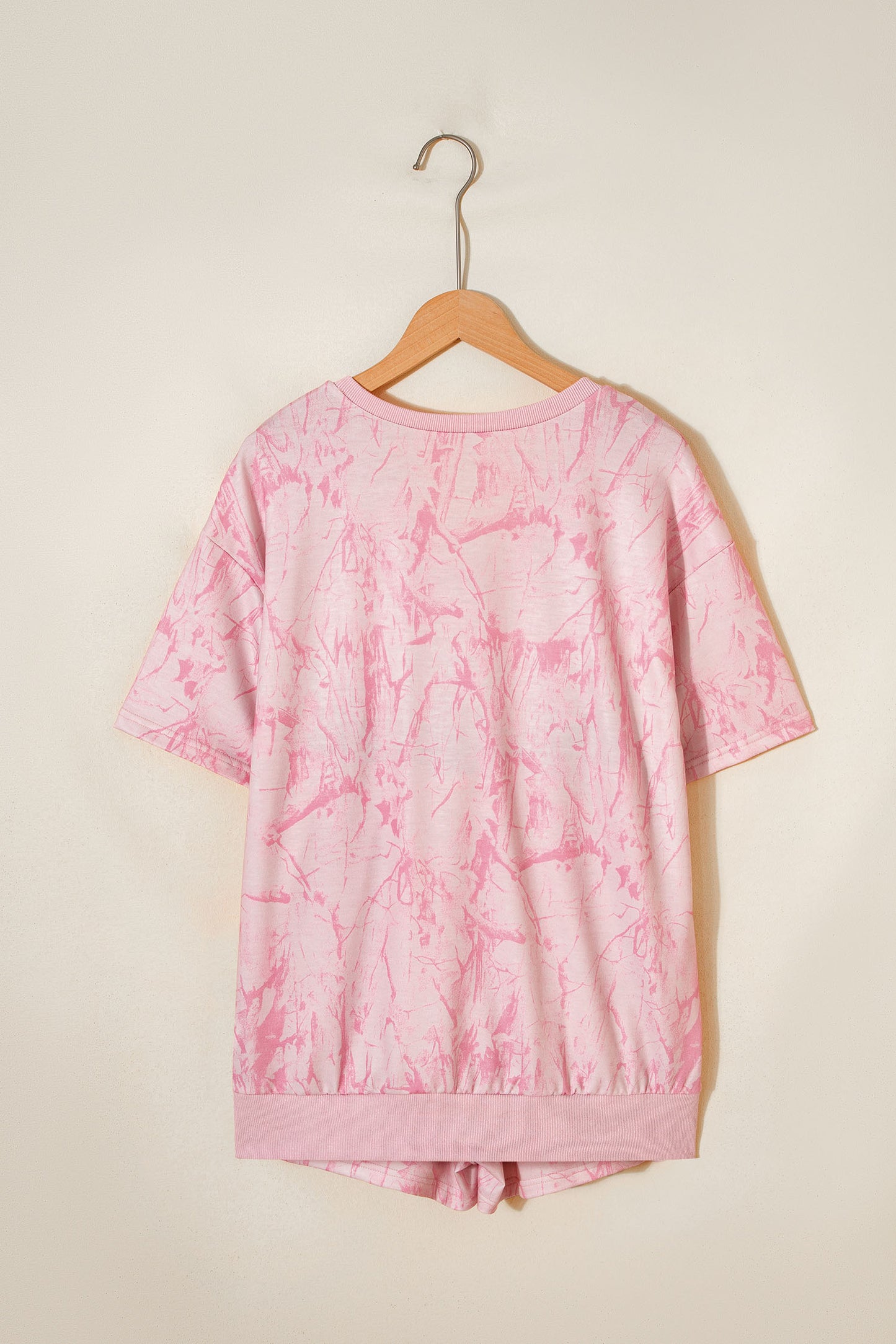 Pink Abstract Print V Neck Loose Tee Drawstring Shorts 2pcs Outfit