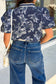 Blue Floral Print Short Puff Sleeve Striped Trim V Neck Blouse