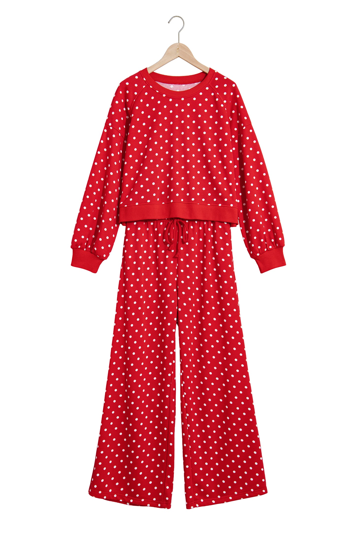 Brown Polka Dot Drawstring Wide Leg Long Sleeve Top Pant Set