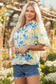Blue Floral Striped Mixed Print Puff Short Sleeve Blouse