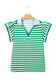 Blue Stripe Contrast Trim Polo Collar Ruffled Short Sleeve Blouse