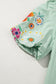 Clearly Aqua Floral Embroidered Puff Sleeve Split Neck Blouse