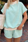 Pink Stripe Cuffed Sleeve Contrast Mock Neck Tee Casual 2pcs Short Set
