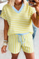 Pink Stripe Colorblock Trim V Neck Tee Drawstring Elastic Waist Short Set