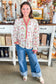 Floral Print Frilled Color Block Trim V Neck Long Sleeve Peplum Top