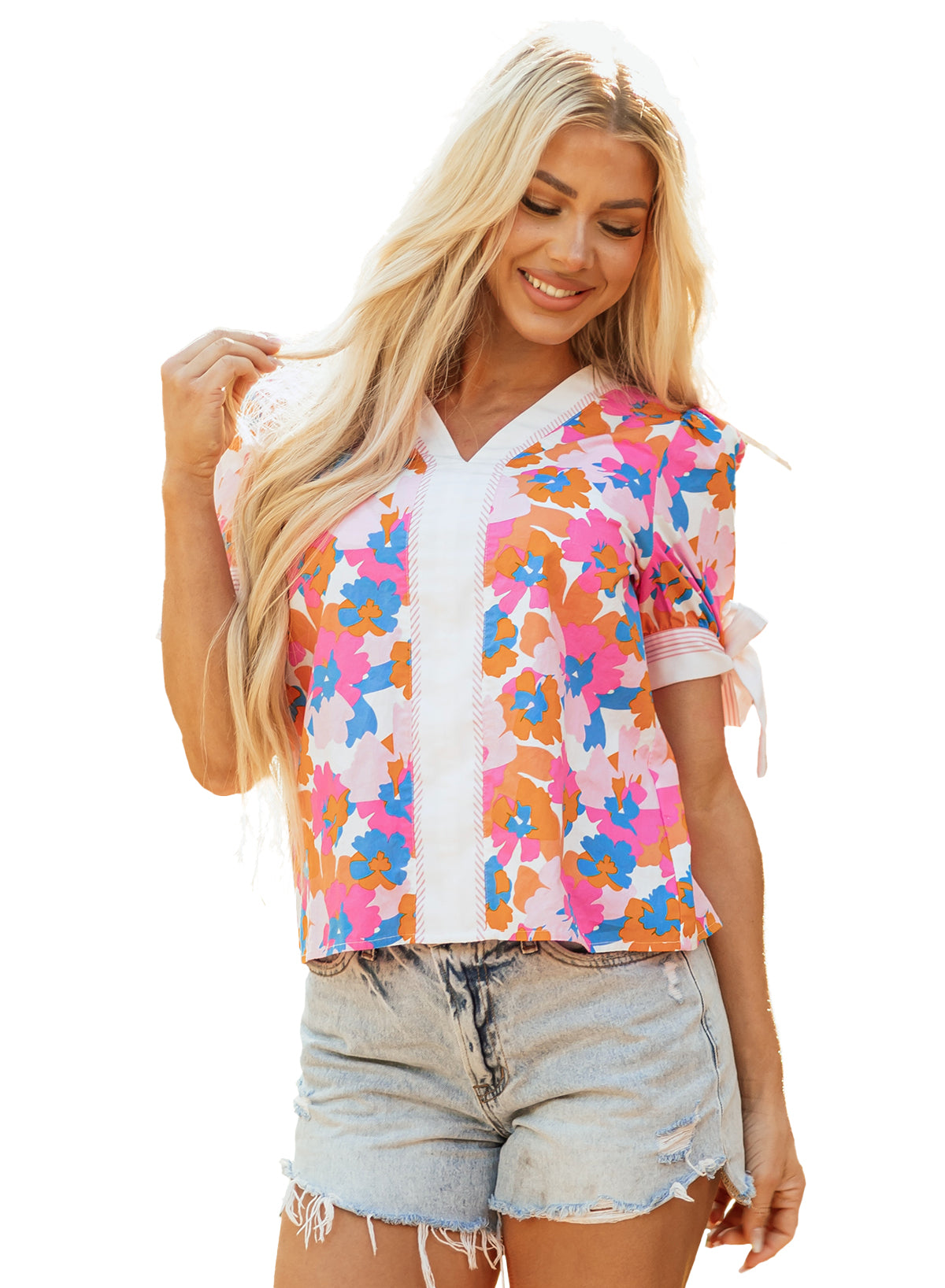 White Floral Colorblock Striped Edge V Neck Knotted Short Sleeve Blouse