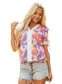 White Floral Colorblock Striped Edge V Neck Knotted Short Sleeve Blouse