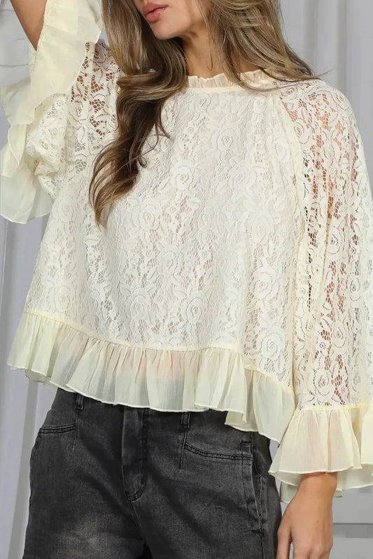 White Sheer Lace Long Sleeve Ruffle Trim Loose Blouse