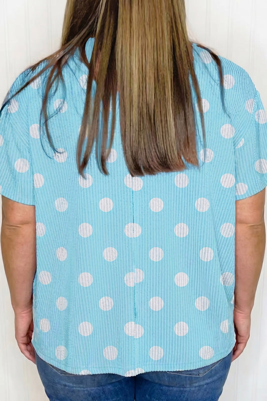 Sky Blue Twisted Rib Polka Dot Print Plus Size T Shirt