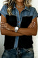 Black Textured Knit Denim Color Block Patchwork Collar Button Down Shirt