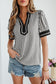 Black Stripe Collared Split Neck Short Bubble Sleeve Blouse