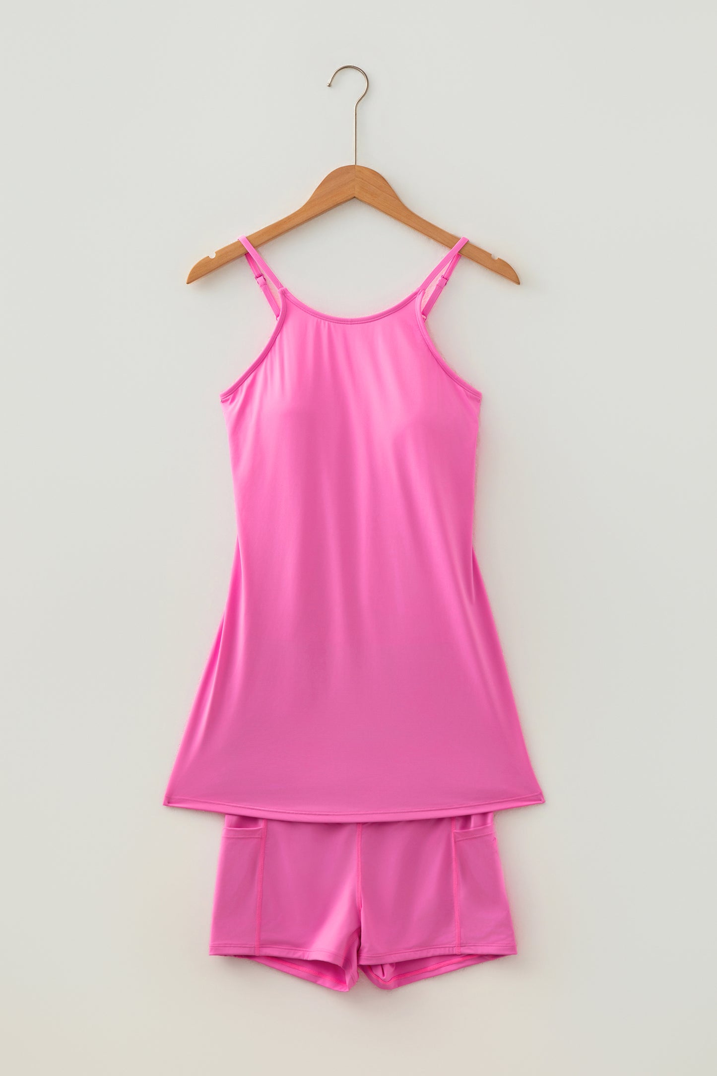 Pink Solid Color Tunic Tank Dress Athletic Shorts Two Piece Set