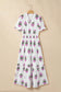 White Floral Print Split Neck Shirred High Waist Ruffle Hem Maxi Dress