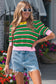 Green Stripe Colorblock Trim Half Sleeve Sweater Top
