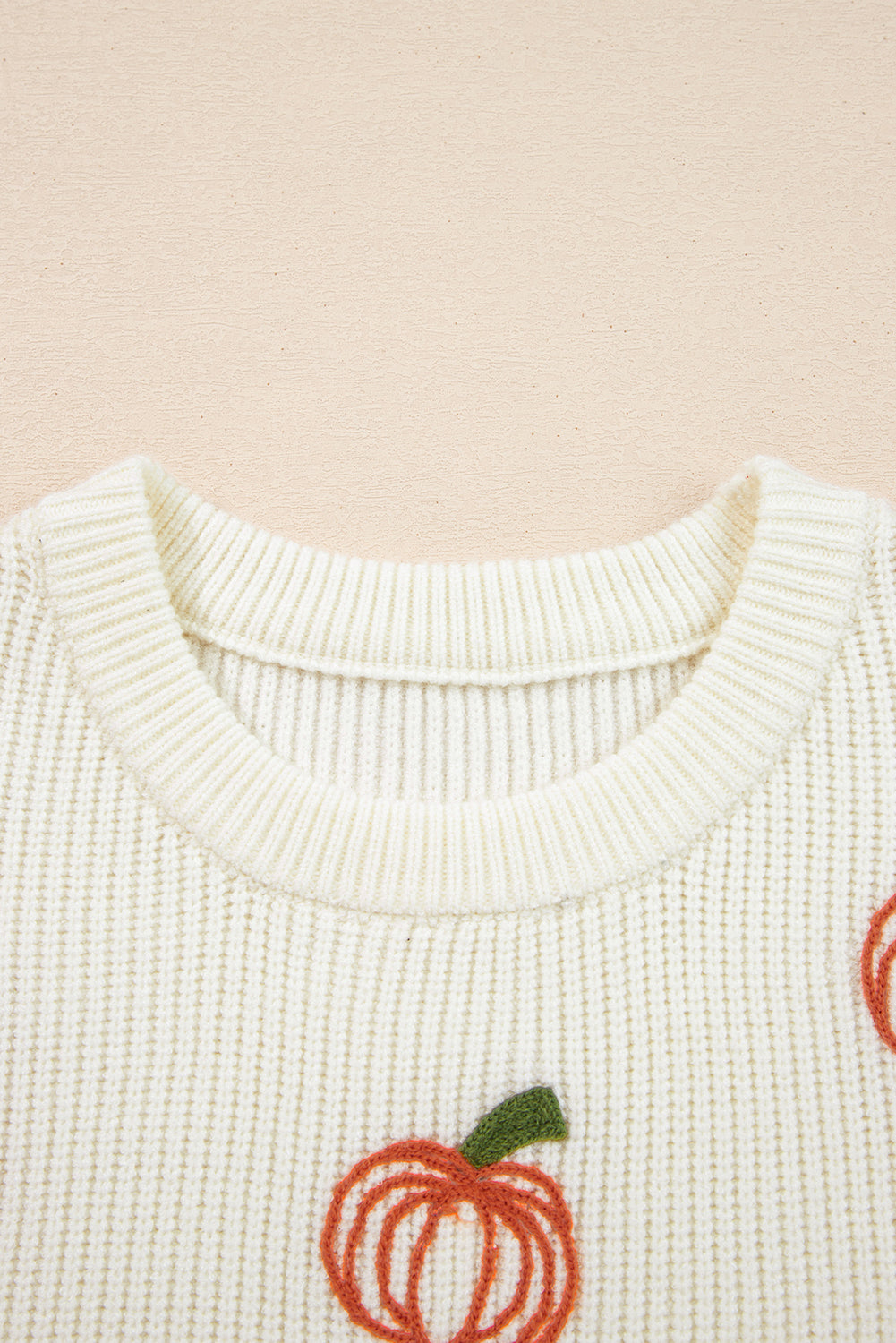 Beige Pumpkin Embroidered Ribbed Thanksgiving Halloween Holiday Sweater