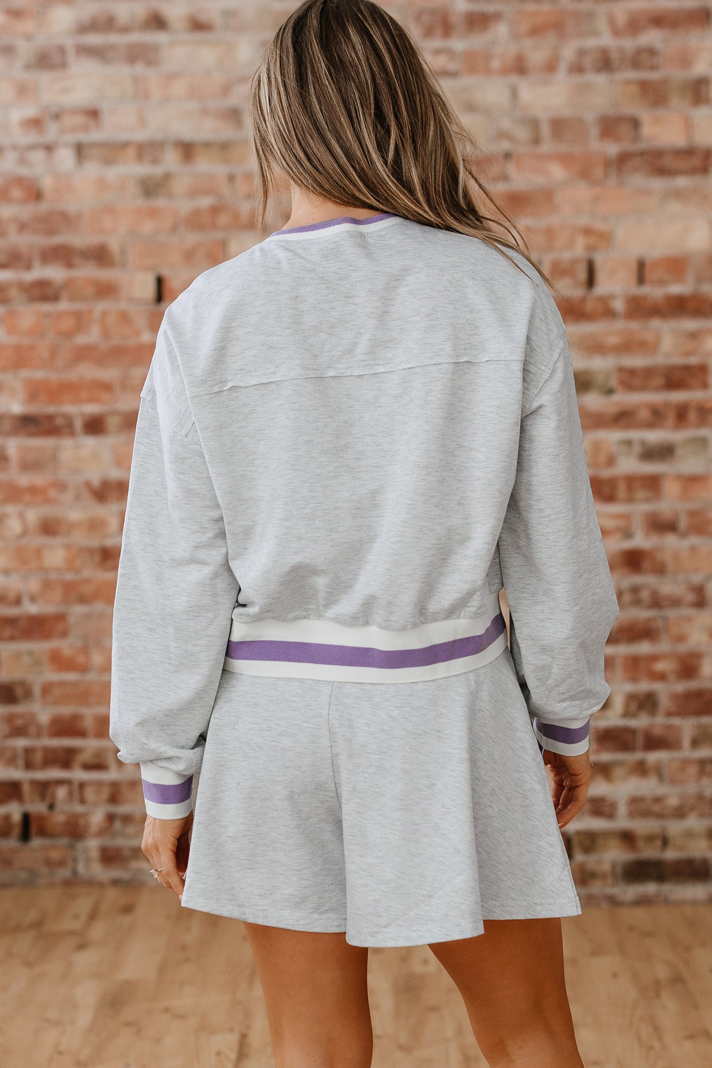 Light Grey Contrast Striped Bands Cropped Pullover and Athletic Short Set