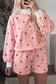 Brown Polka Dot Ribbed Trim Long Sleeve Top Casual Short Set