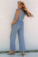 Beau Blue Solid Color Ribbed Ruffle Tank Top and Pants Set