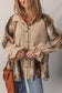 Oatmeal Boho Floral Plaid Patchwork Distressed Detail Ruffled Sleeve Waffle Knit Shacket