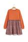 Orange Solid Long Sleeve Top Patchwork Floral Flared 2-in-1 Mini Dress